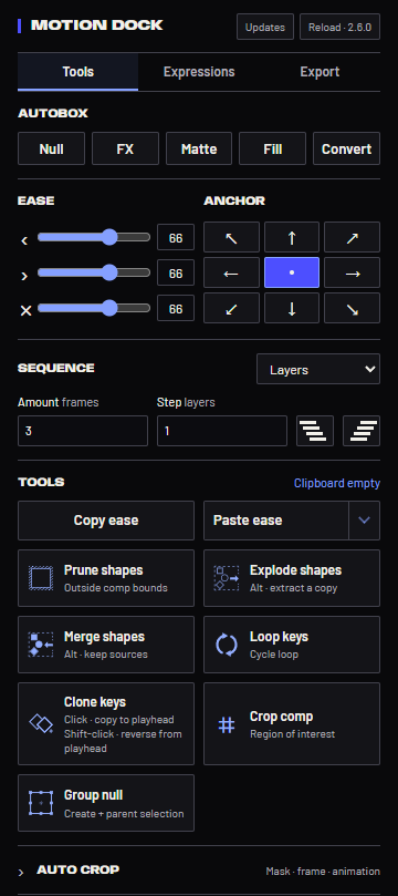 Motion Dock panel showing ease sliders, anchor grid, sequencing and shape tools